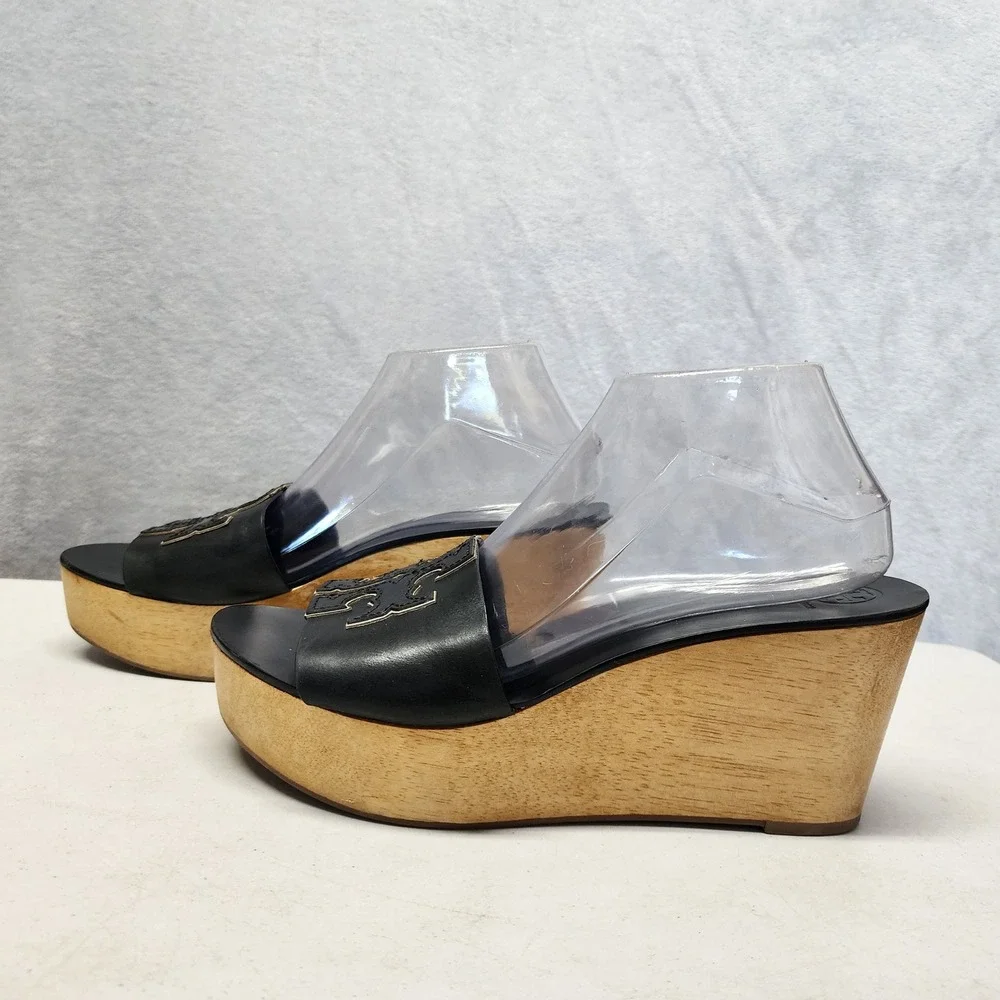 Tory Burch Ines Sandals Womens Size 9.5 Black Leather Wooden Wedge Platform